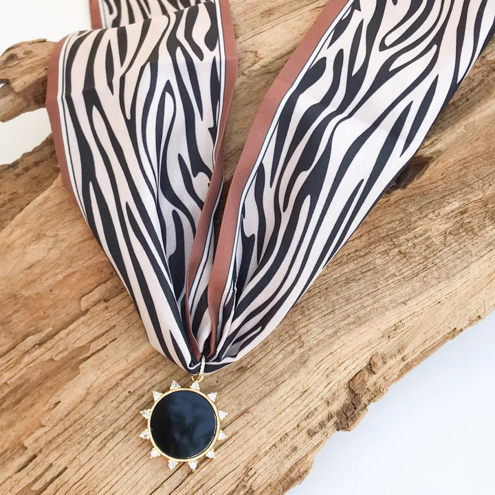 Gemstone Sun Pendant on Scarf Necklace in brown trim zebra/black by Virtue