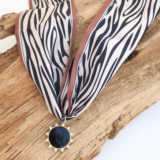 Gemstone Sun Pendant on Scarf Necklace in brown trim zebra/black by Virtue