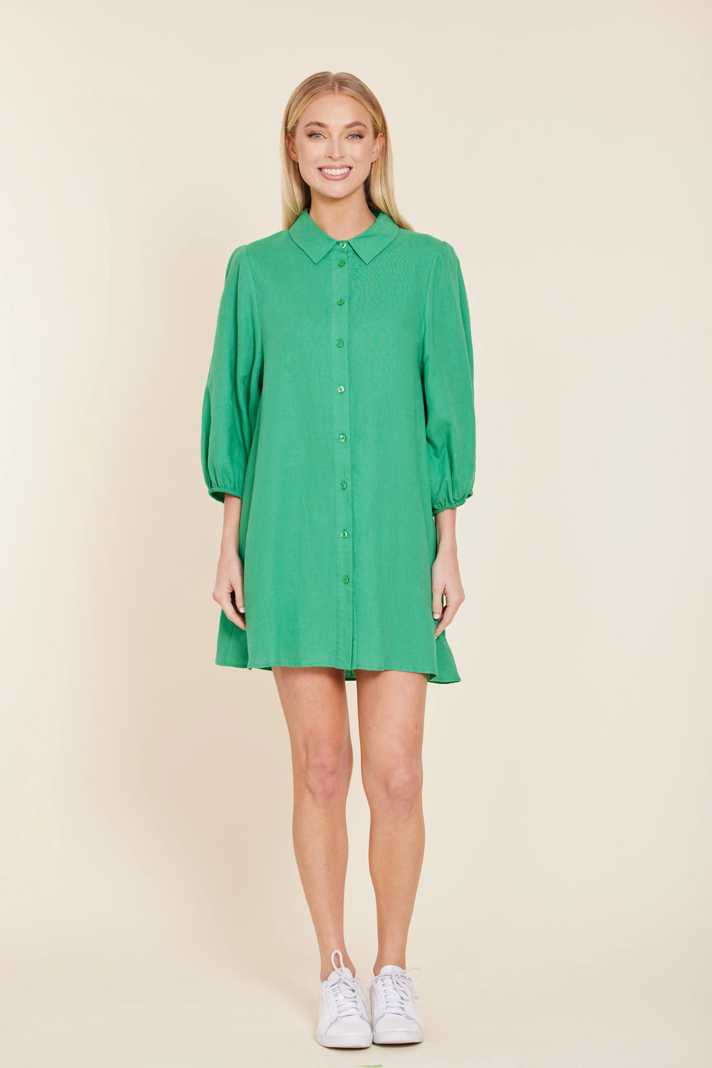 Linen Exaggerated Sleeve Dress in green by Dolce Cabo