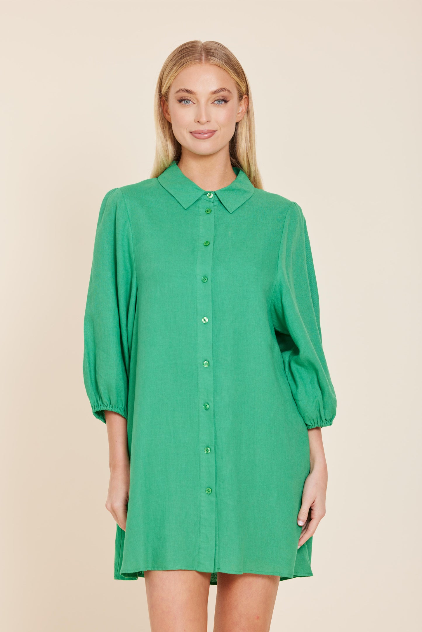 Linen Exaggerated Sleeve Dress in green by Dolce Cabo