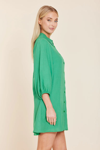 Linen Exaggerated Sleeve Dress in green by Dolce Cabo