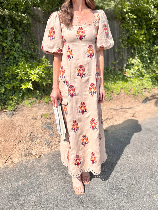 Embroidered Macaw Maxi Dress in rose by Farm Rio