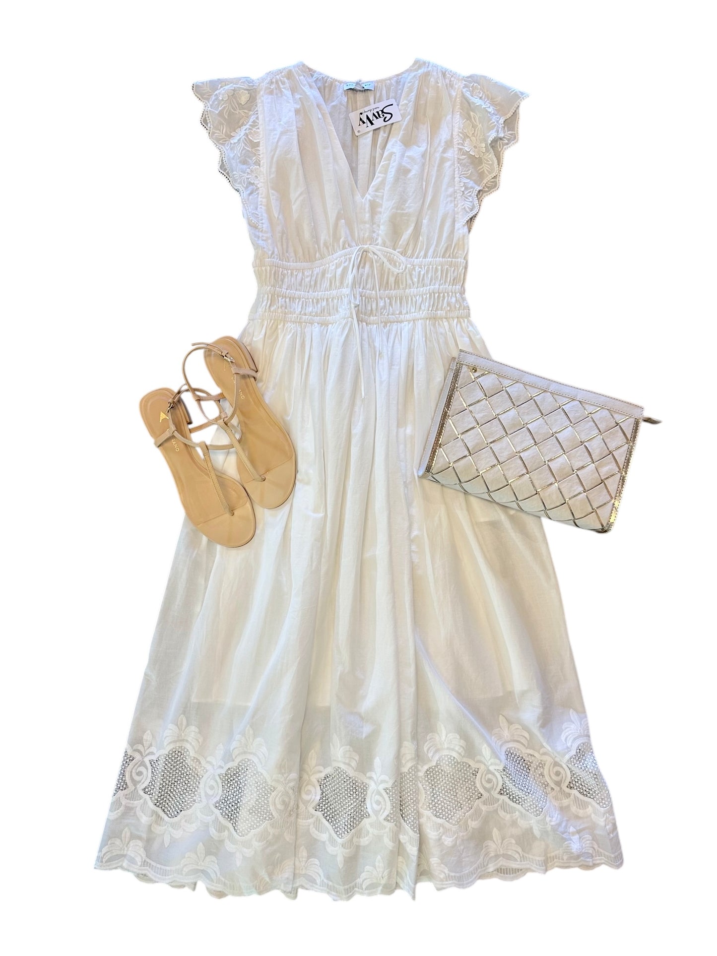 V-neck Flutter Slv White Midi Dress in White by Current Air