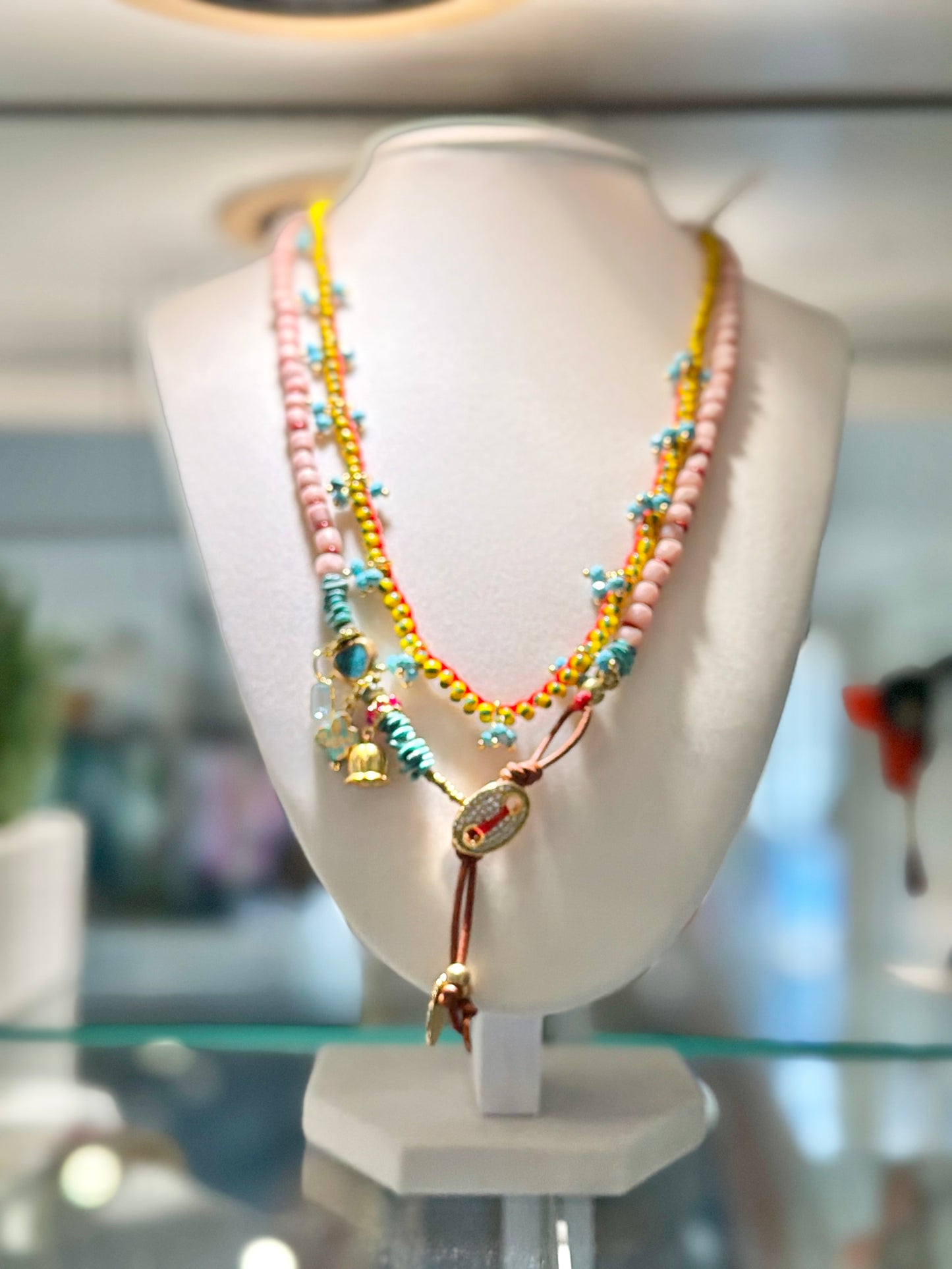 Beaded Charm Necklace with Turquoise in gold by Meredith Waterstraat