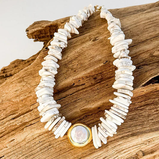 The Sariah Chip Magnesite Necklace with Round Pearl in cream by Virtue LUXE