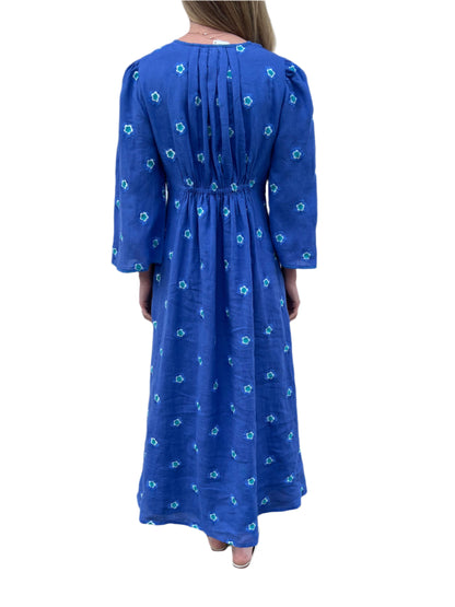 Apple Embroidered Flowers Linen Dress in blue/petrol by Nimo