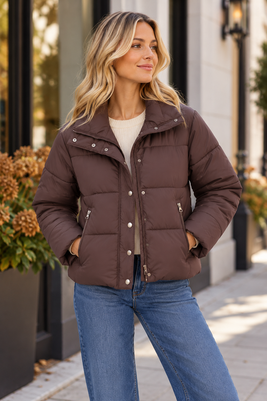 Cropped Puffer Jacket in chocolate by J.Society