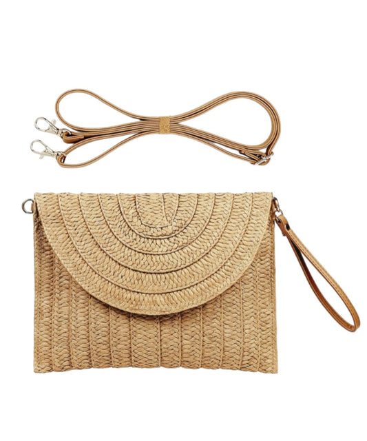 Straw Clutch with strap in natural