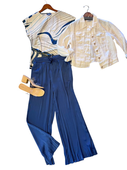 The Packable Pleated Palazzo Pant in capri blue by Lysse