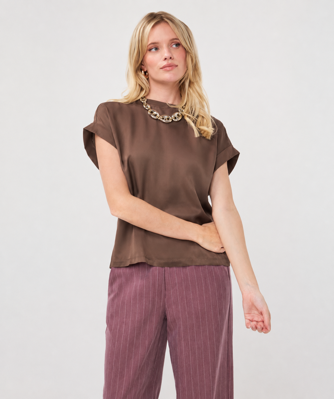 Roll Up Sleeve Satin Top in cacao by Esqualo