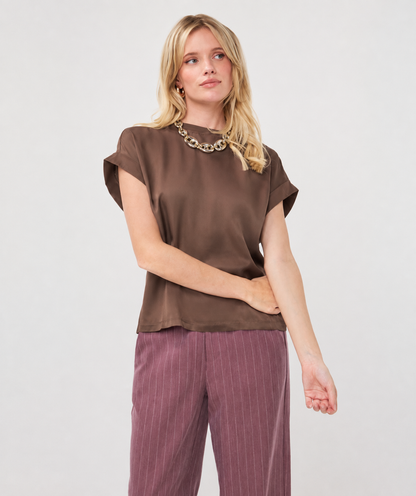 Roll Up Sleeve Satin Top in cacao by Esqualo