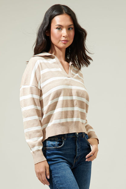Possie Dill Striped Collar Sweater in oatmeal