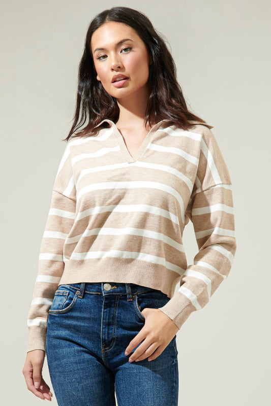 Possie Dill Striped Collar Sweater in oatmeal