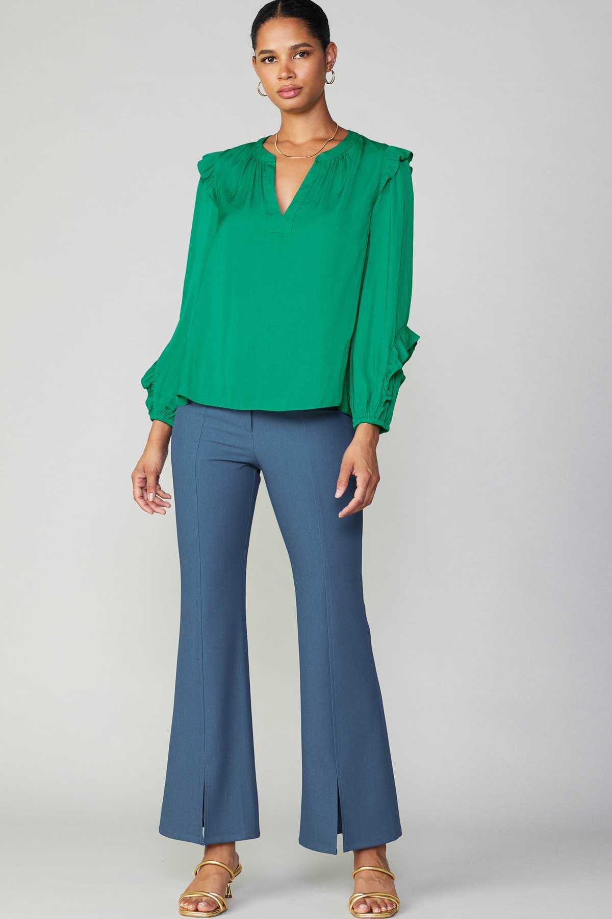 Long Sleeve Collared Split Neck Blouse in green by Current Air