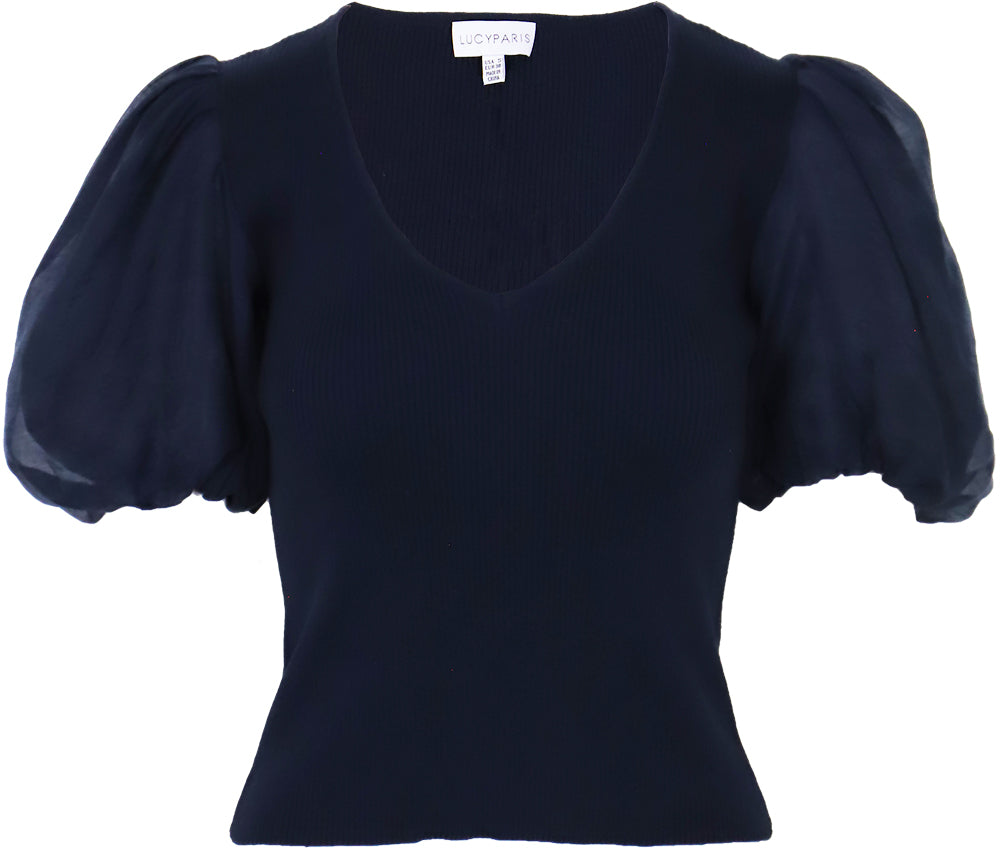 Barra Mixed Knit Top in navy by Lucy Paris