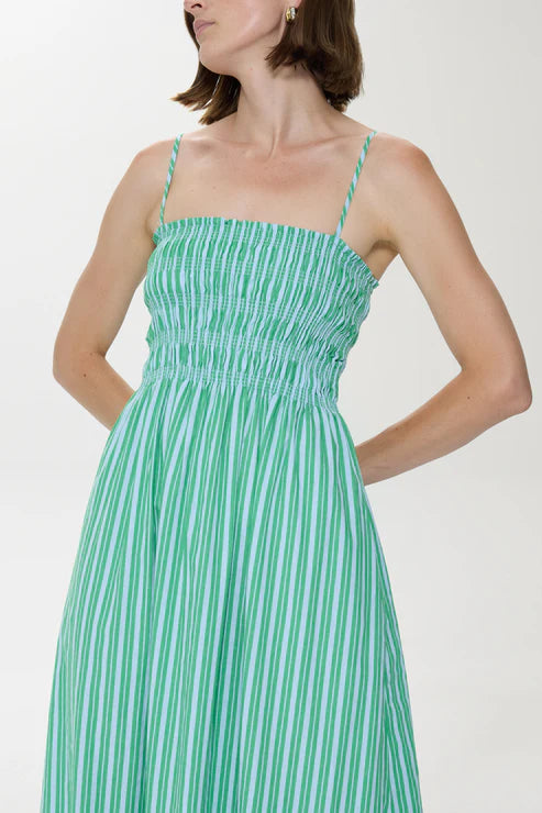Bianca Shirred Bodice Stripe Dress in blue/green by Pistola