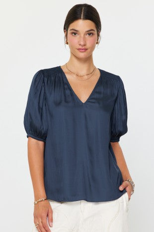 Puff Short Sleeve V-Neck Blouse in slate navy by Current Air