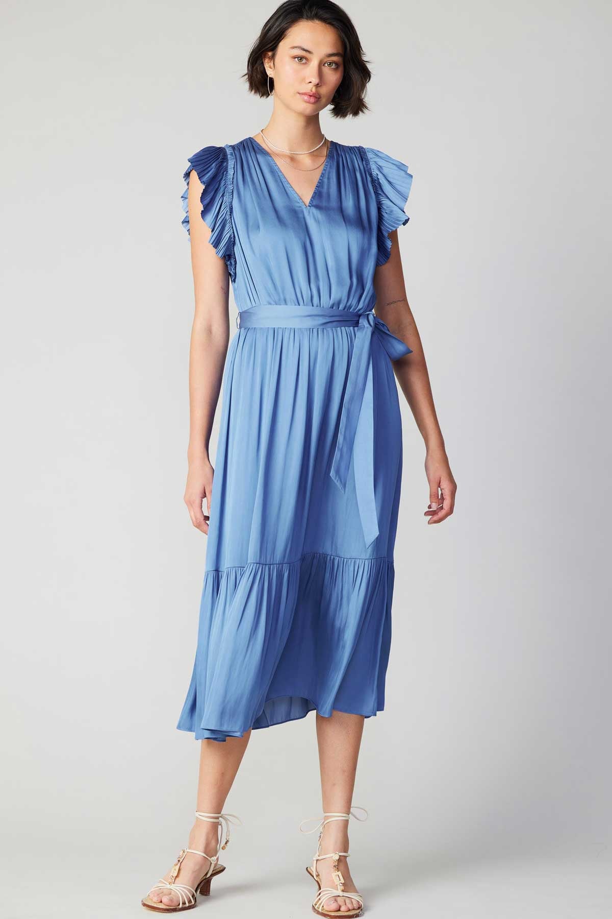Flutter Sleeve V-neck Dress in dusty blue by Current Air