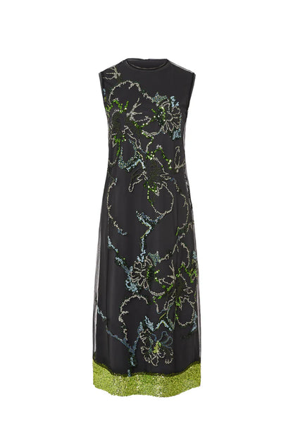 Sleeveless Floral Sequins Maxi Dress in green by Psophia