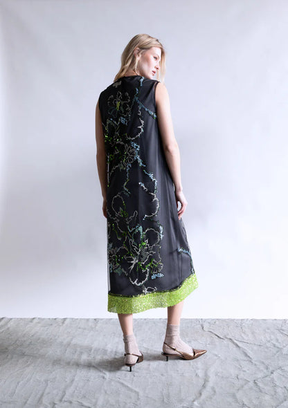 Sleeveless Floral Sequins Maxi Dress in green by Psophia