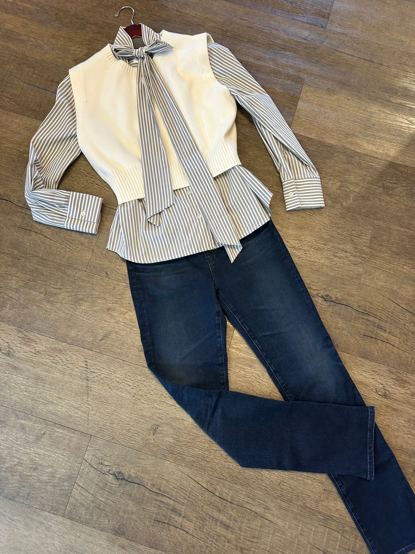 Stripe Neck Tie Blouse in grey by B-YU