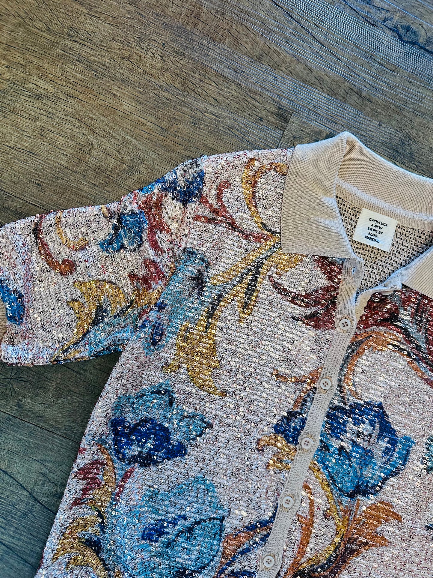 Sequin Front Button Up Sweater in beige by Aldo Martins