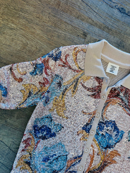 Sequin Front Button Up Sweater in beige by Aldo Martins