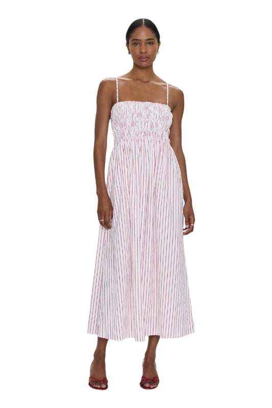 Bianca Shirred Bodice Dress in ruby stripe by Pistola