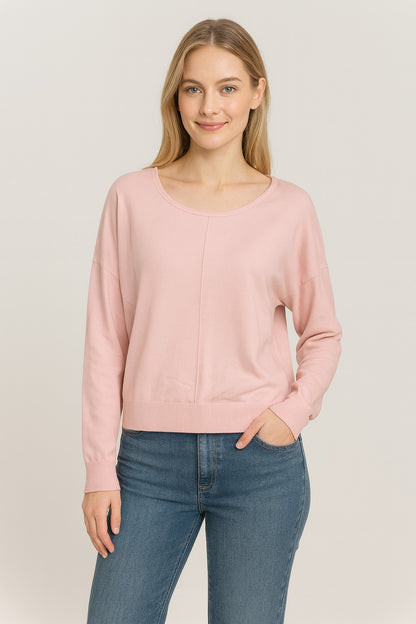 Seam Front Round Neck Pullover in pink quartz by Dreamers