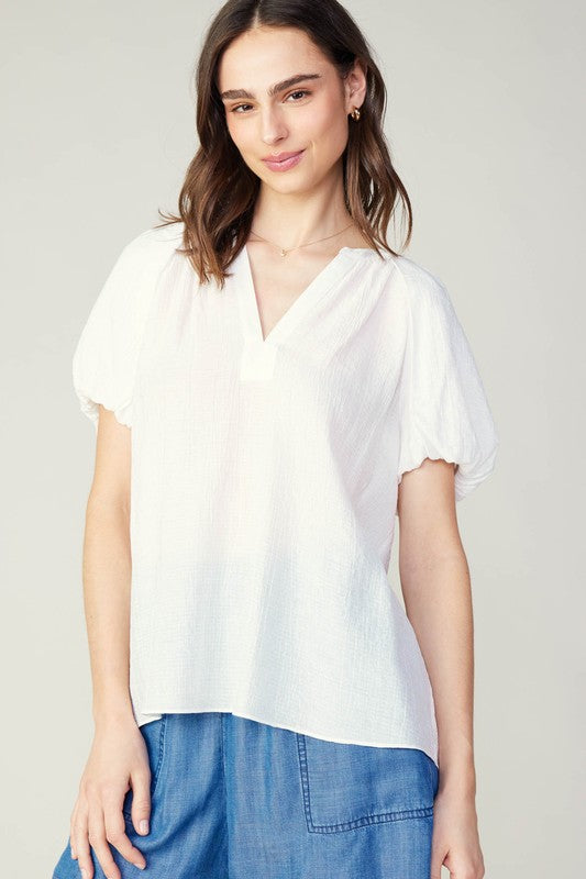 Gathered Detail Split-Neck Short-Sleeve Blouse in white by Current Air