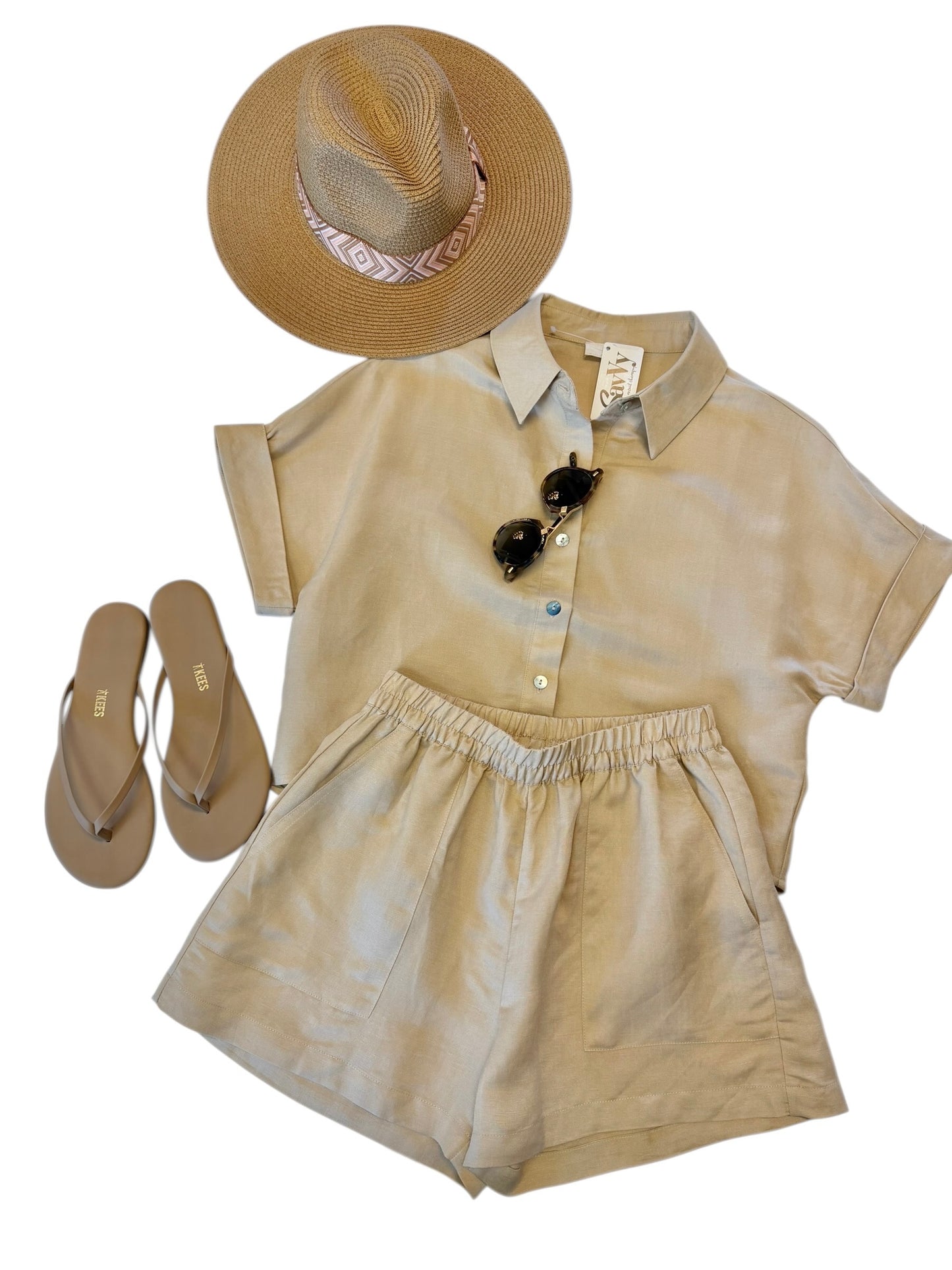 Short Sleeve Button Down Top in oatmeal by Elan