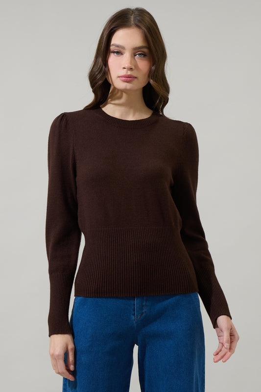 Sierra Puff Sleeve Ribbed Sweater in dark brown