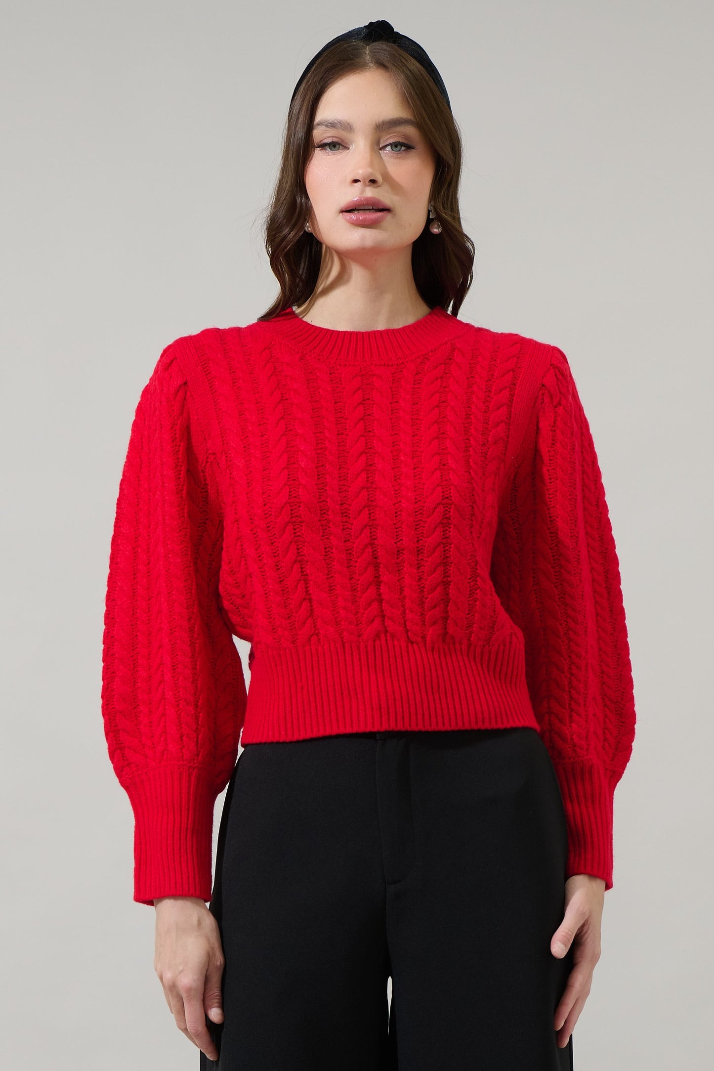 Ashtyn Cable Knit Balloon Sleeve Crop Sweater in red