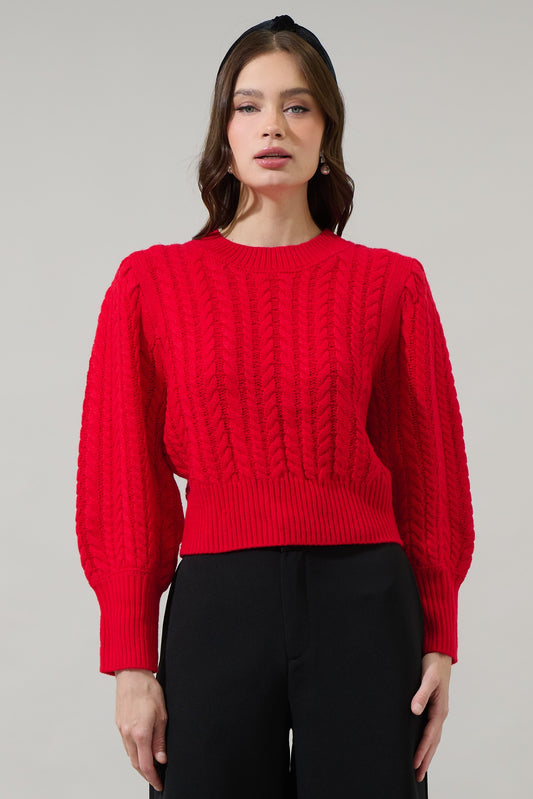 Ashtyn Cable Knit Balloon Sleeve Crop Sweater in red
