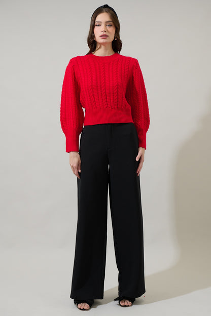 Ashtyn Cable Knit Balloon Sleeve Crop Sweater in red