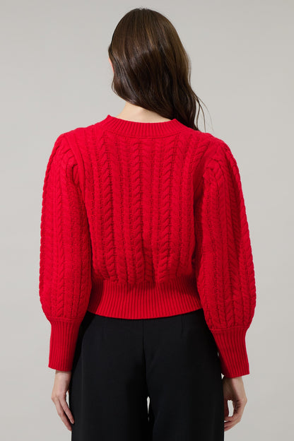 Ashtyn Cable Knit Balloon Sleeve Crop Sweater in red