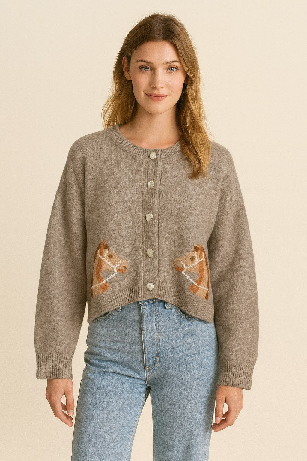 Horse Print Button Up Cardigan in mocha by Dreamers