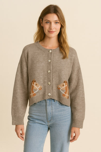Horse Print Button Up Cardigan in mocha by Dreamers