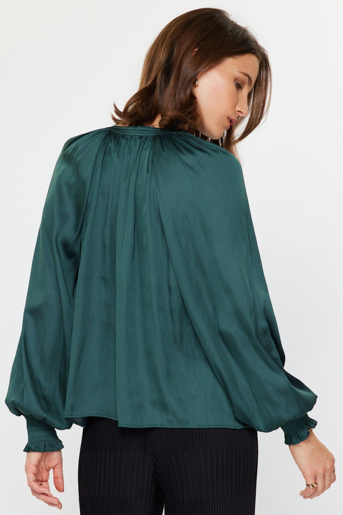 Split Neck Smocked Long Sleeve Blouse in hunter green by Current Air