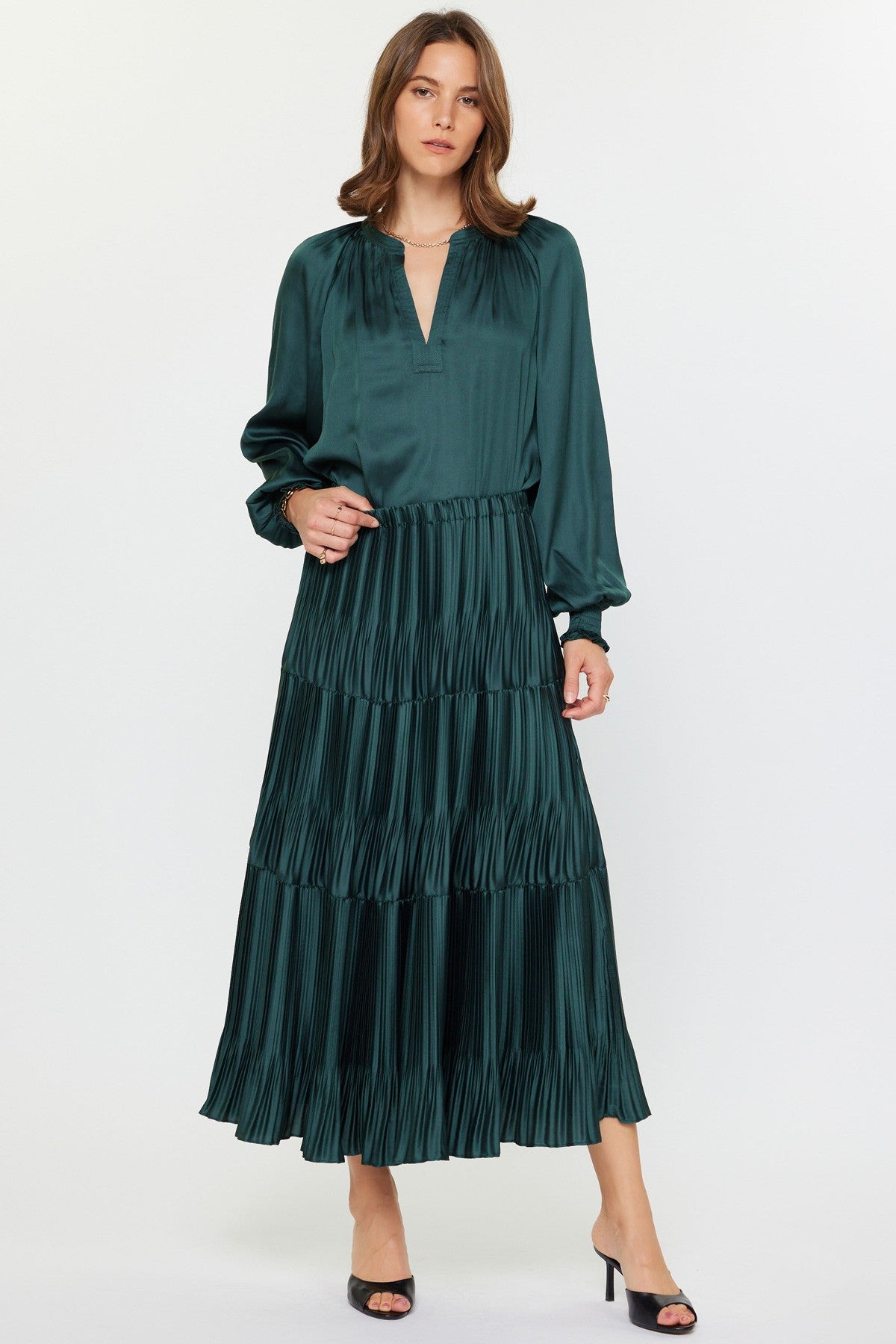 Split Neck Smocked Long Sleeve Blouse in hunter green by Current Air