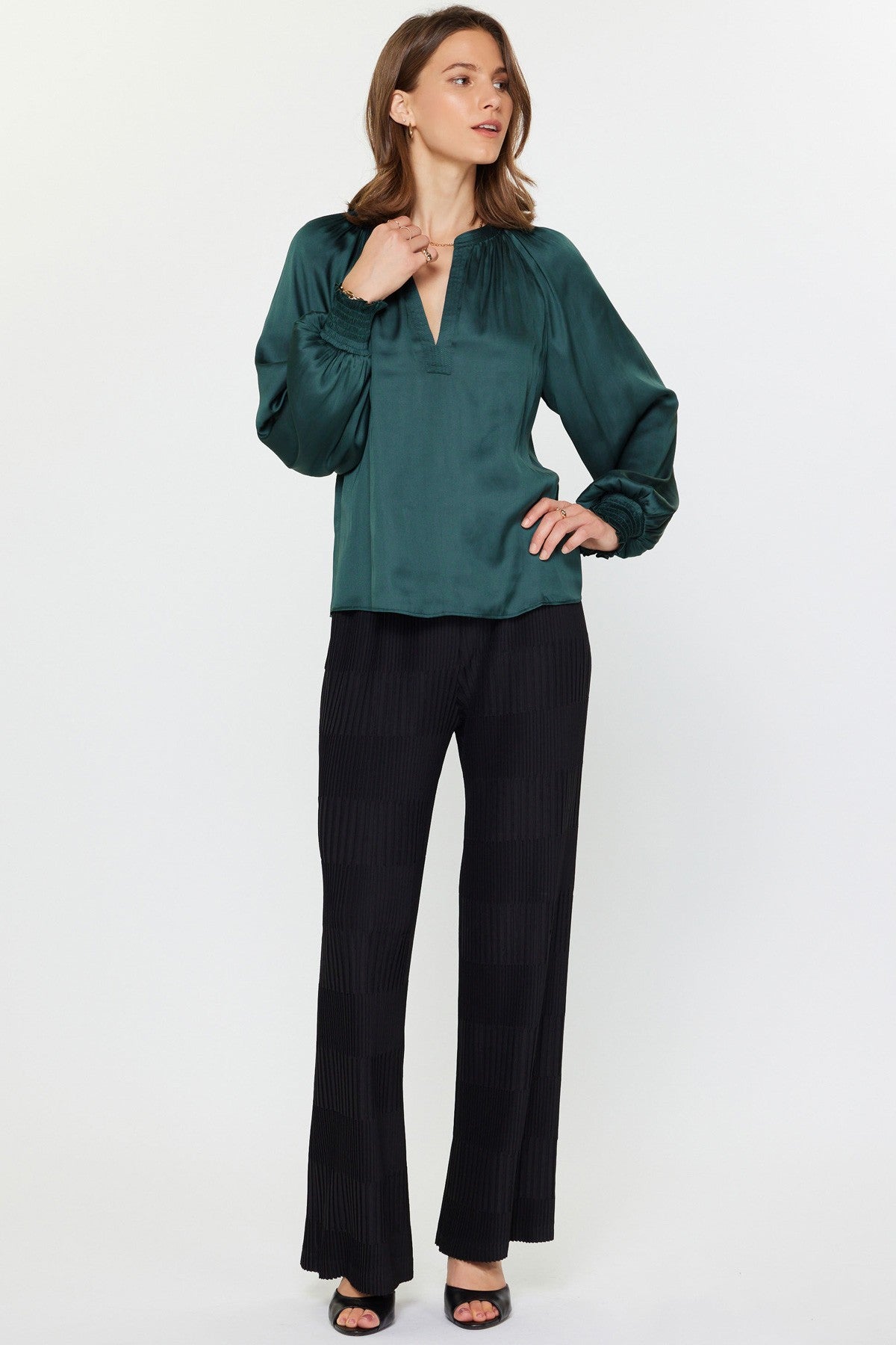 Split Neck Smocked Long Sleeve Blouse in hunter green by Current Air