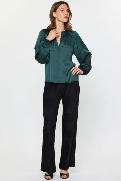 Split Neck Smocked Long Sleeve Blouse in hunter green by Current Air