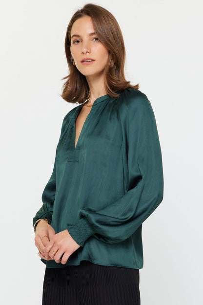 Split Neck Smocked Long Sleeve Blouse in hunter green by Current Air
