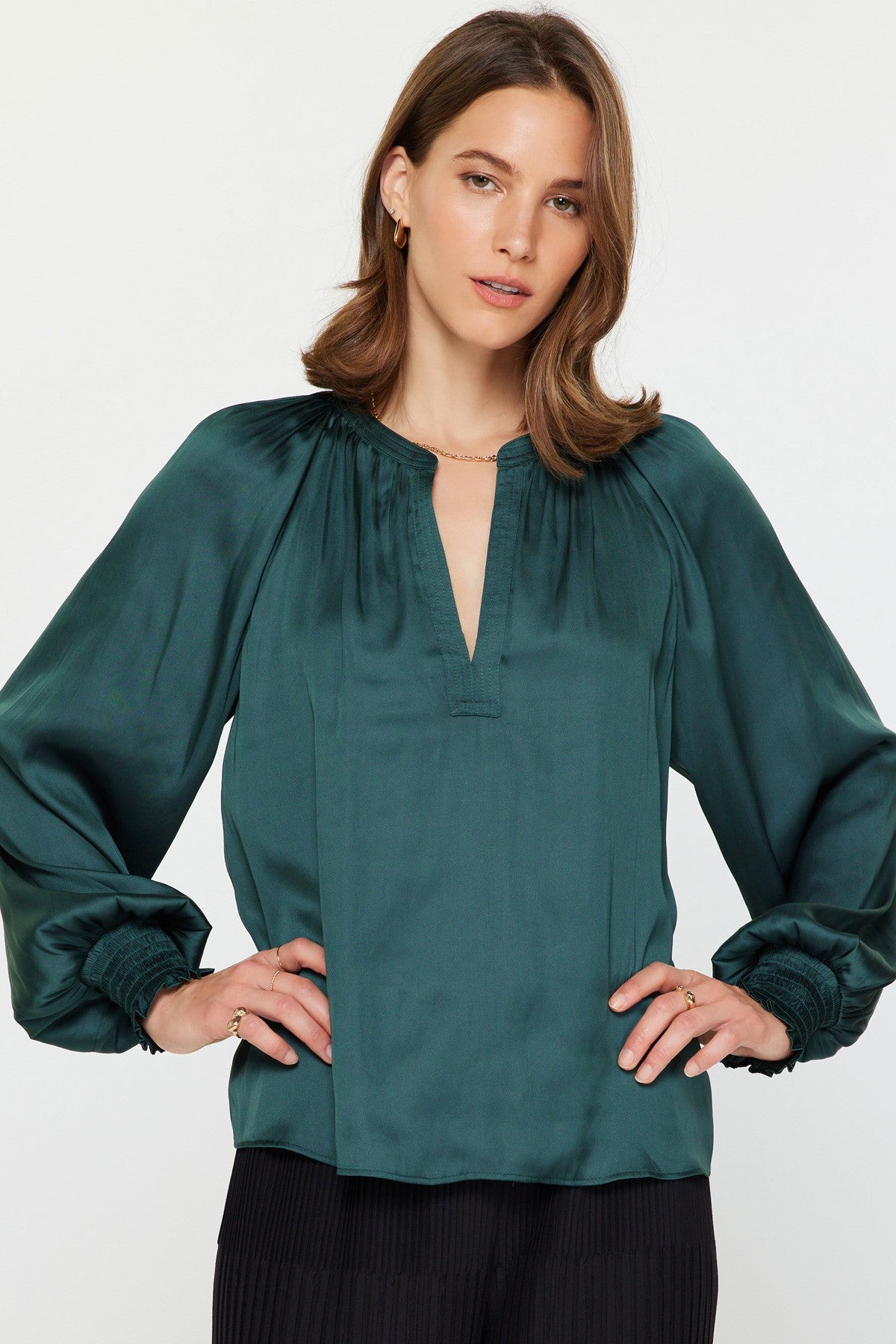 Split Neck Smocked Long Sleeve Blouse in hunter green by Current Air