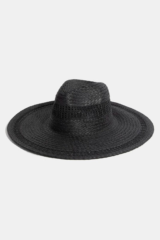 Boho Flat Brim Straw Hat in black