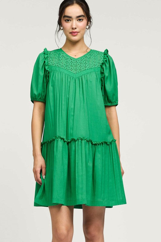 Eyelet Ruffle Detail Mini Dress in spring green by Current Air