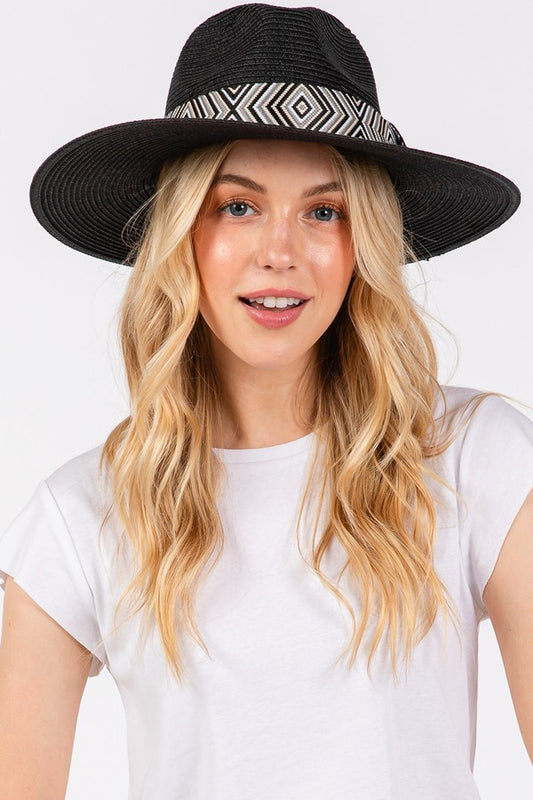Tribal Aztec Pattern Straw Hat in black