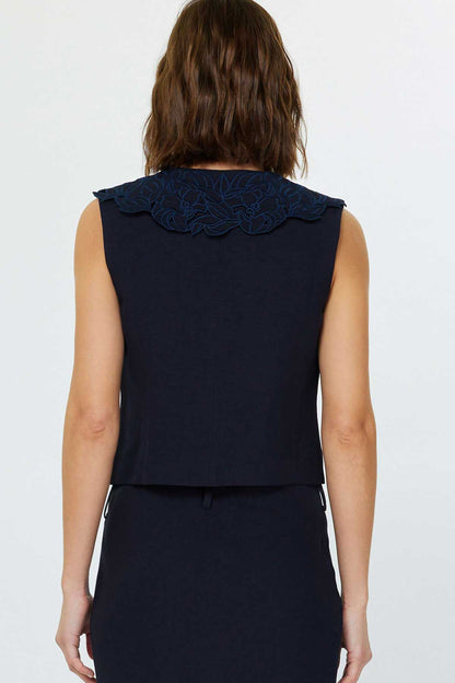 V-Neck Sleeveless Button Front Vest in navy by Current Air