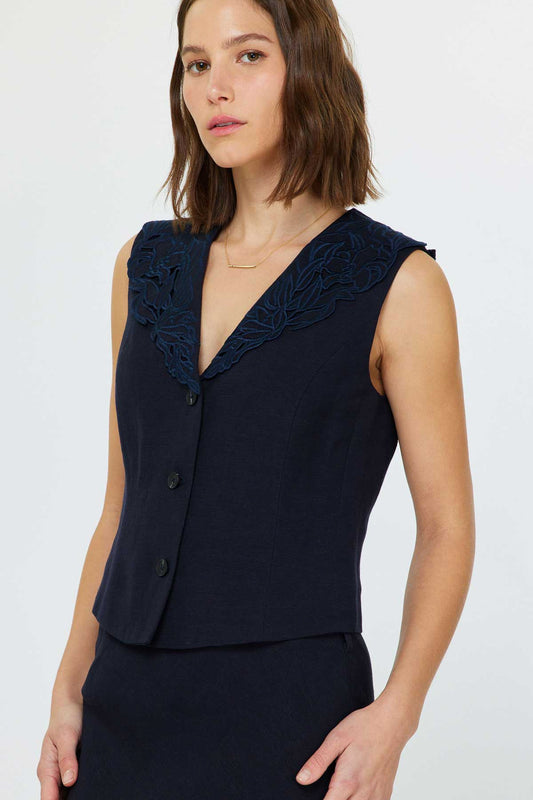 V-Neck Sleeveless Button Front Vest in navy by Current Air