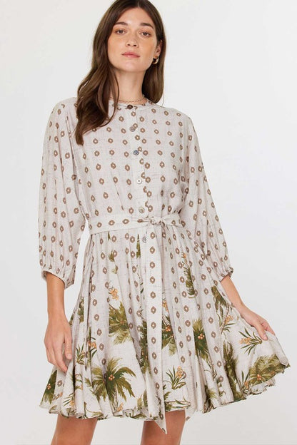 Printed Swing Dress with Coordinating Sash in sand by Current Air